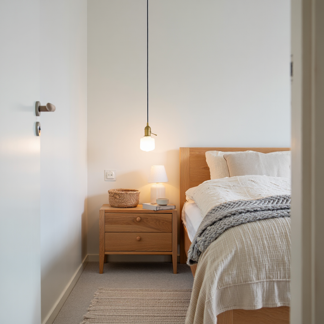 Habitación con mesita de noche y lámpara encendida