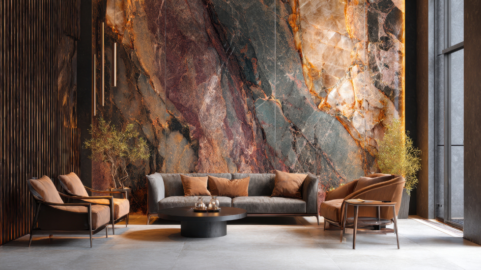 salón contemporáneo en tonos marrones y naranjas