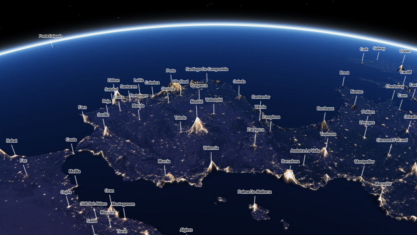 Mapa en relieve del mundo con contaminación lumínica